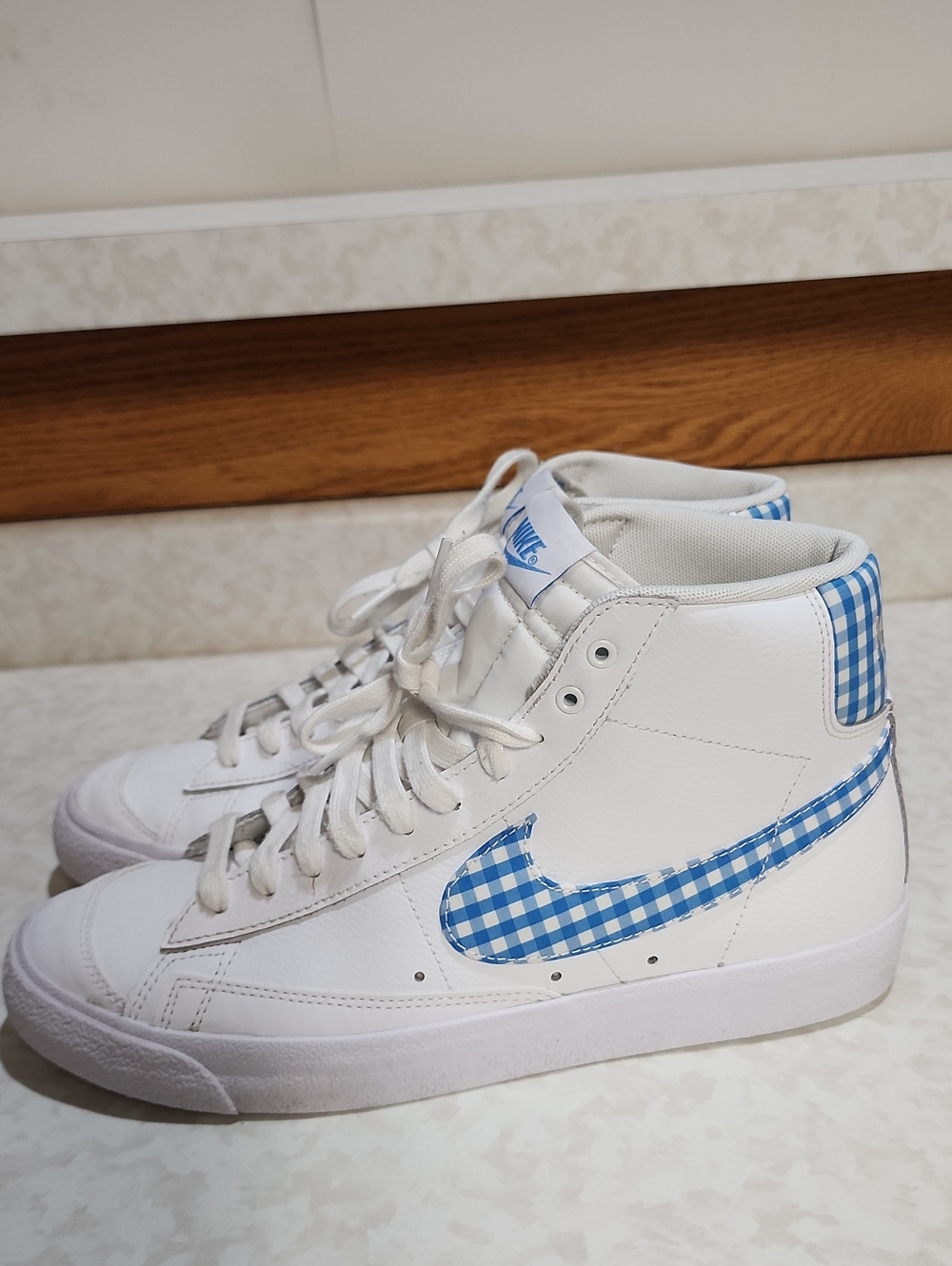 Nike White High-Top Sneakers with Blue Gingham Swoosh womens 11 number 2020
